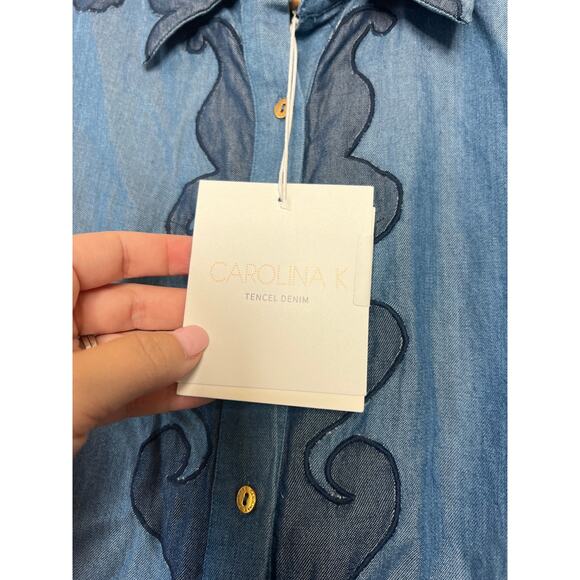 NWT Carolina K Pina Embroidered Denim Boxy Fit Short-Sleeve Shirt Blue Size: M - Picture 4 of 8